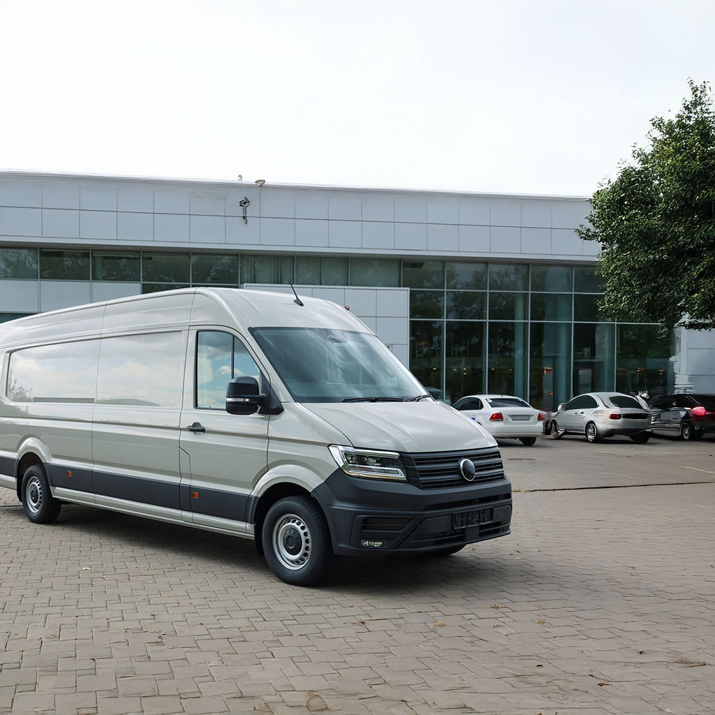 grey minibus ready to travel to London