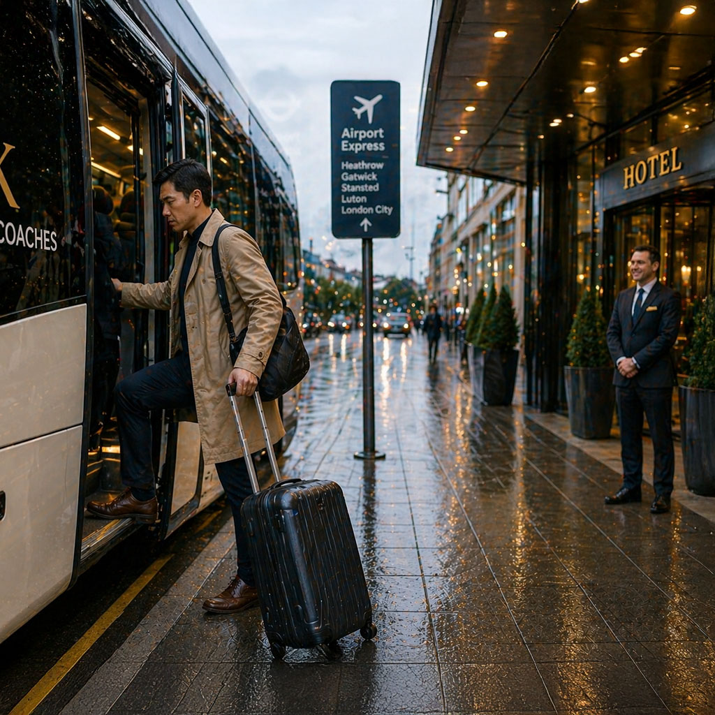man exiting London hotel boarding coach with his luggage, transferring to airport