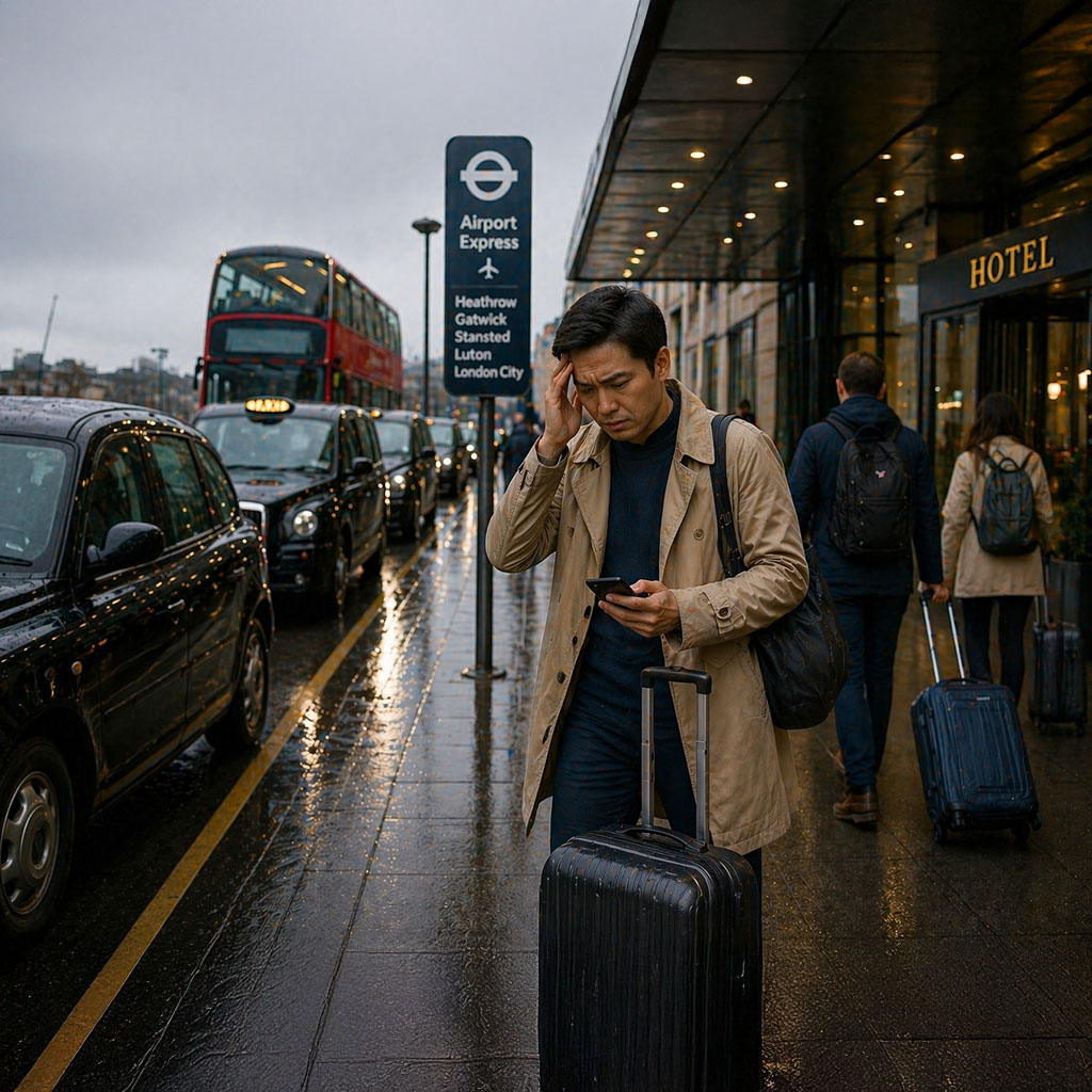 man stood on pavement, looking stressed using a phone to try and organise transfer to airport