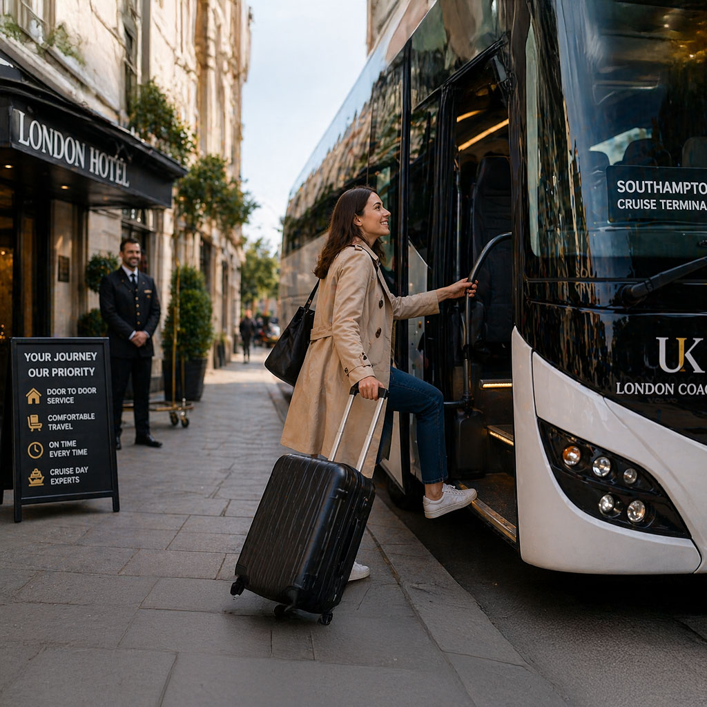 Woman exiting London hotel boarding coach with her luggage, transferring to Southampton