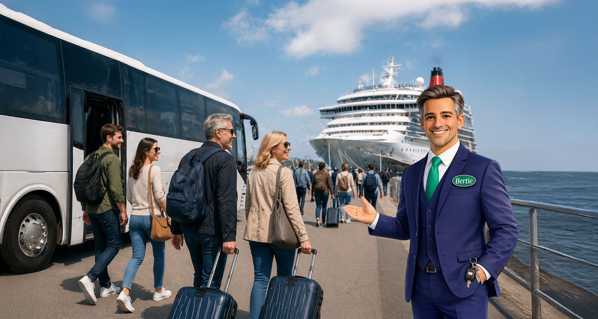 happy people exiting a coach then walking toward cruise liner in Southamption