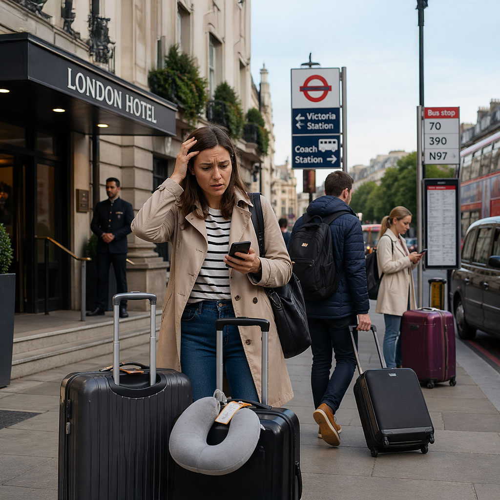 Woman stood on pavement, looking stressed using a phone to try and organise transfer to Southampton