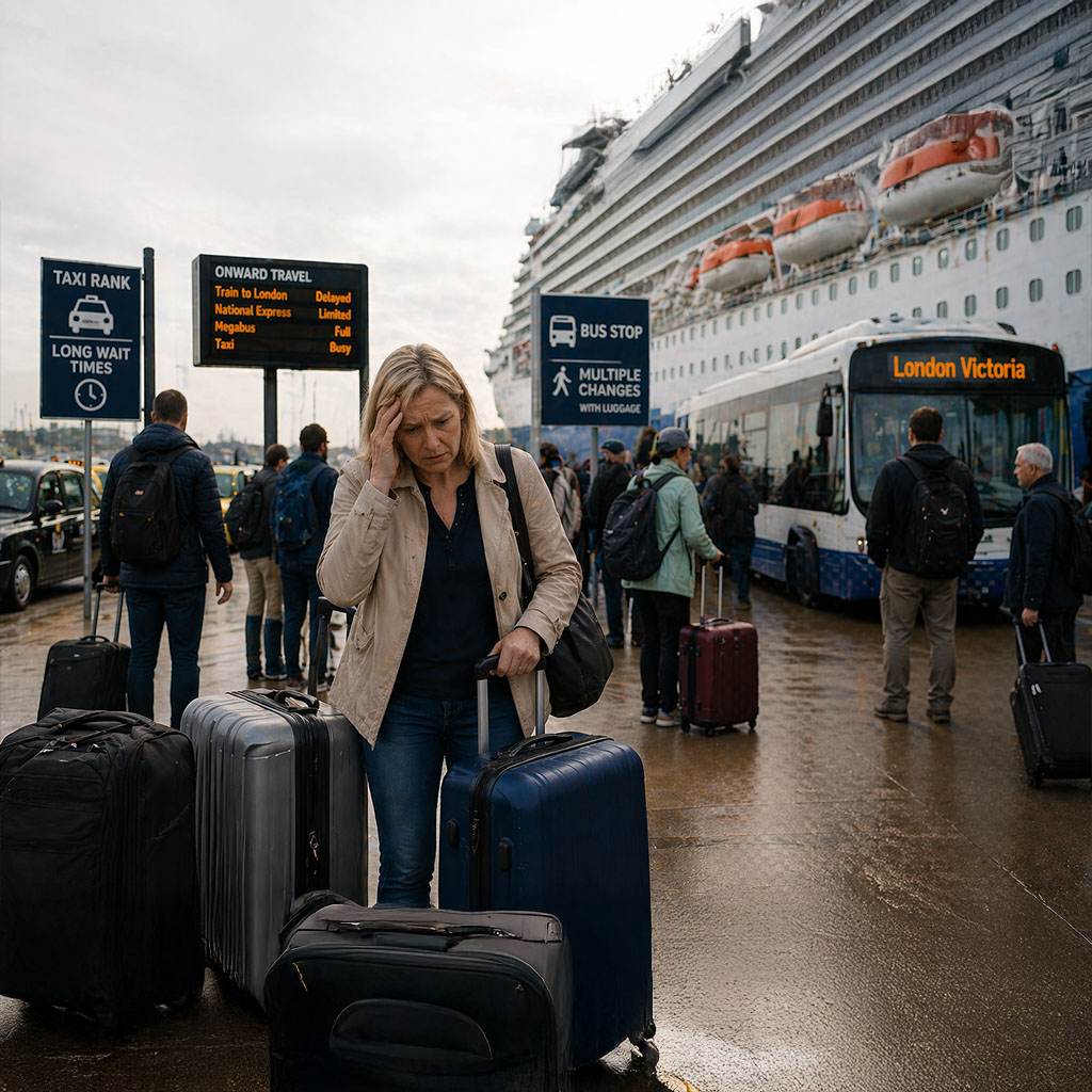 Woman stood at dock, looking stressed trying organise transfer to London