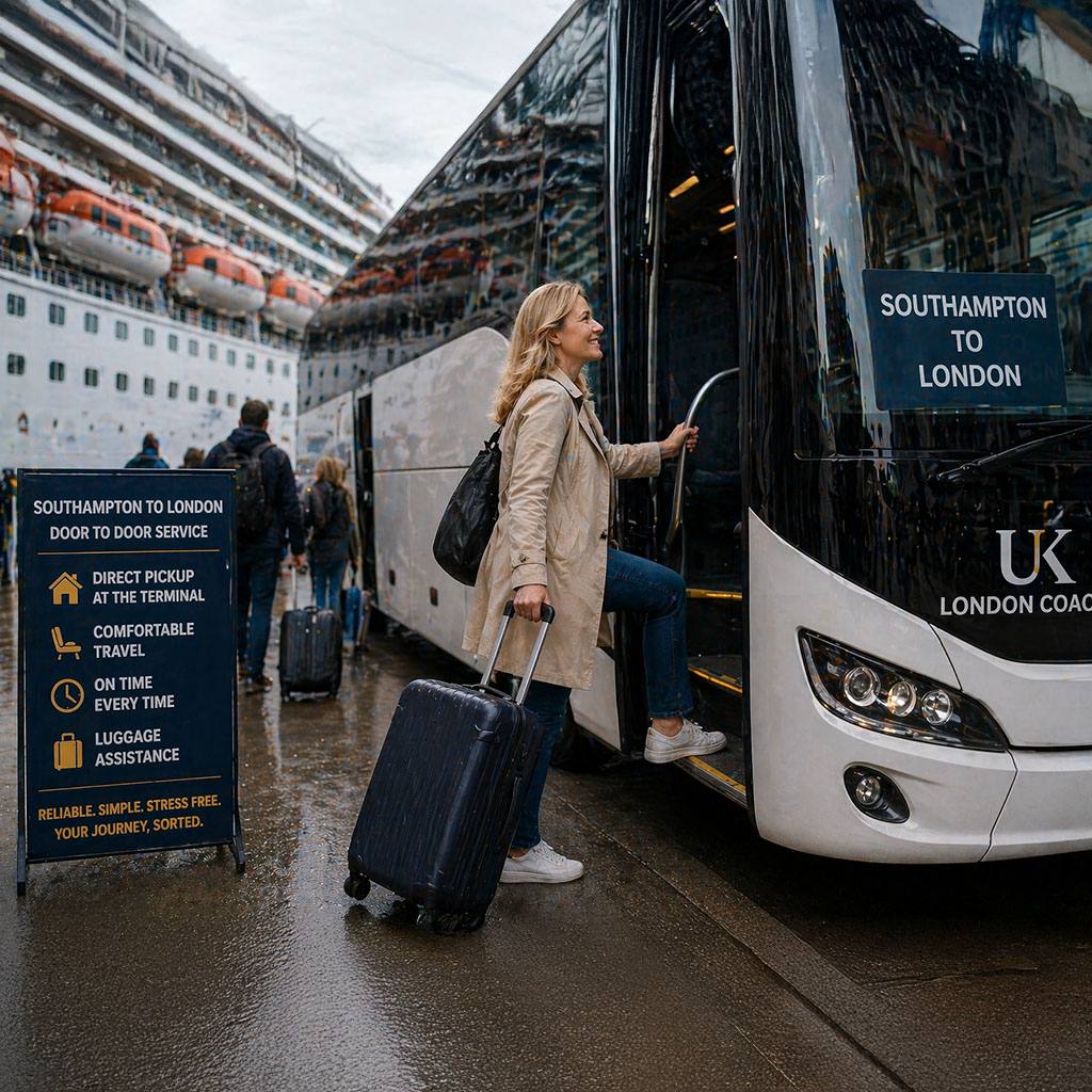 Woman exiting Southampton Cruise boarding coach with her luggage, transferring to London