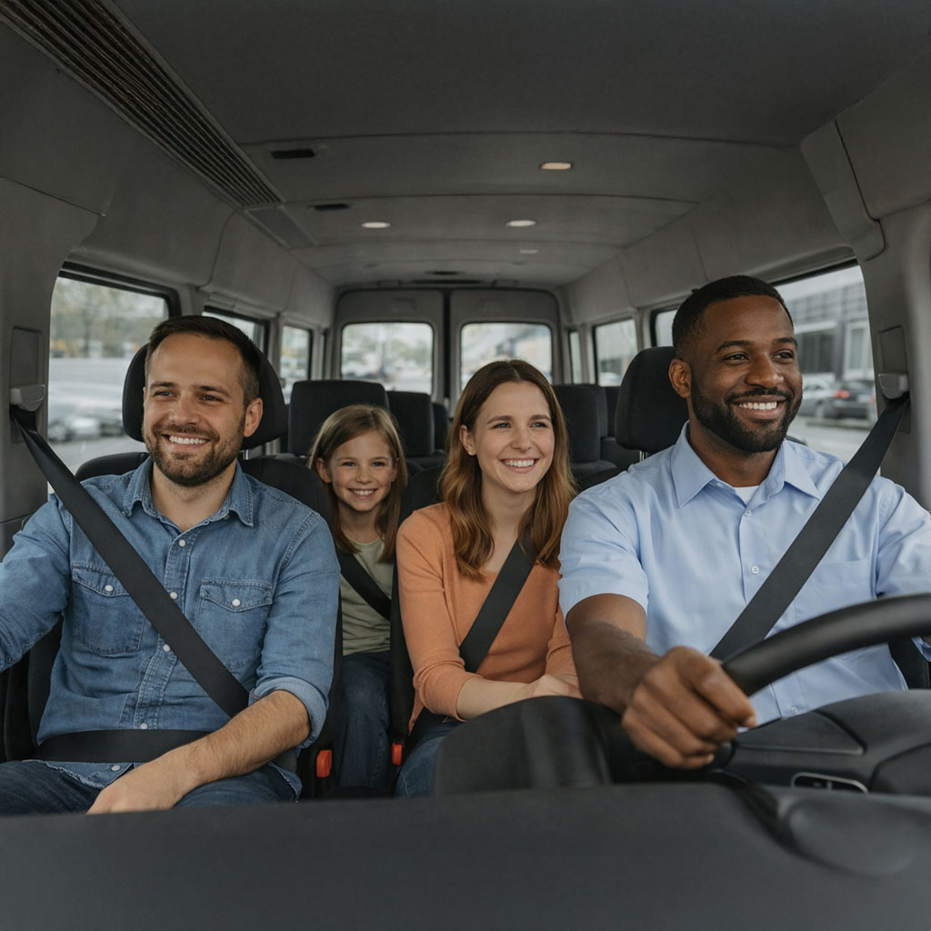 happy family transferring in a minibus being driven by a driver from the hotel