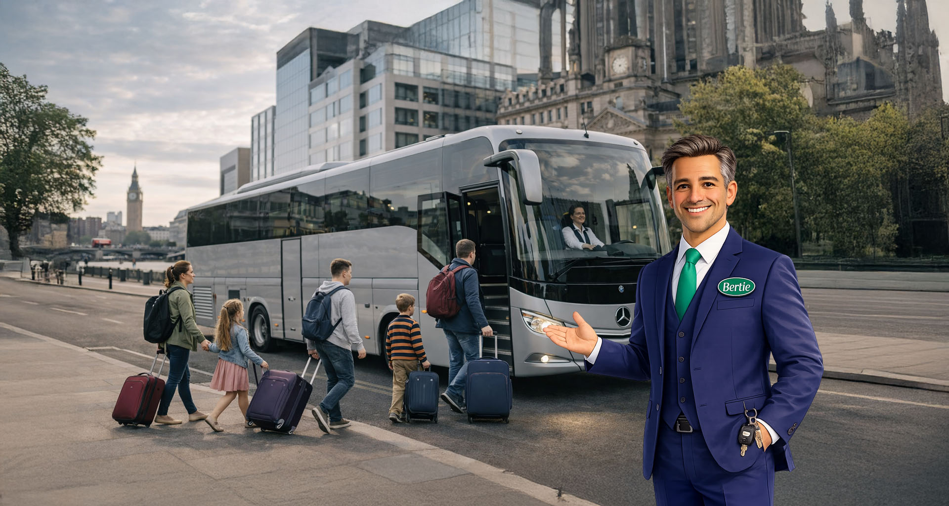 family with luggage enter shared coach from london