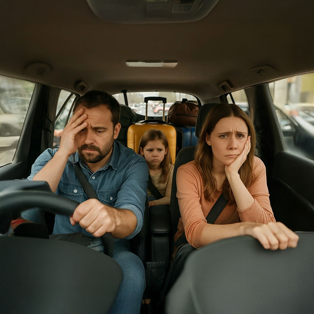 unhappy family driving in car to port