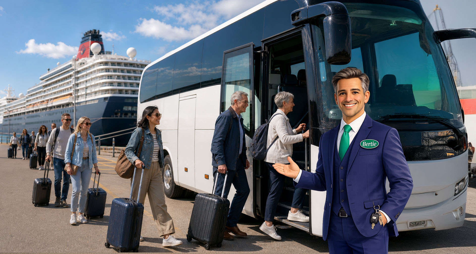 people boarding a coach at southampton cruise port