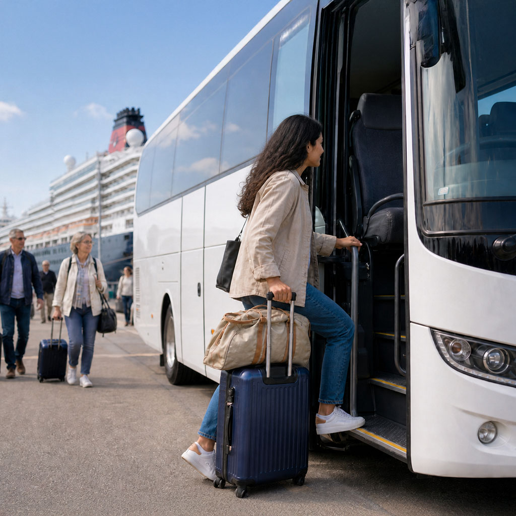 woman board a coach at southampton cruise port