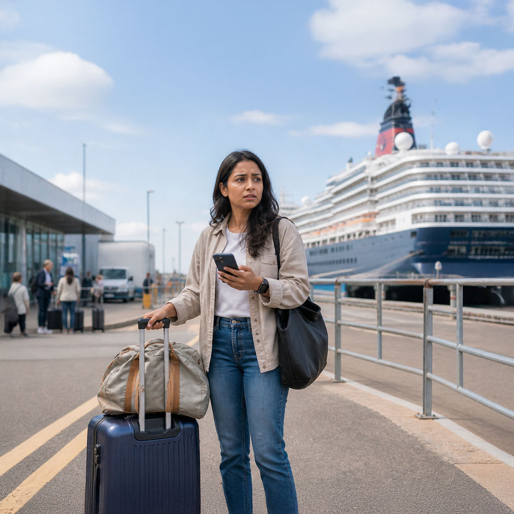 worried woman at southampton cruise port