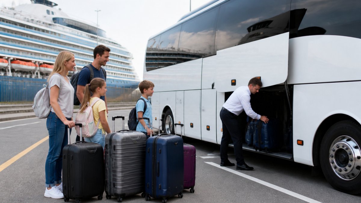 A family with several large suitcases and carry-on bags standing beside a coach at a cruise terminal kerb, a driver in a smart uniform loading a case into the luggage hold, ship visible in the background